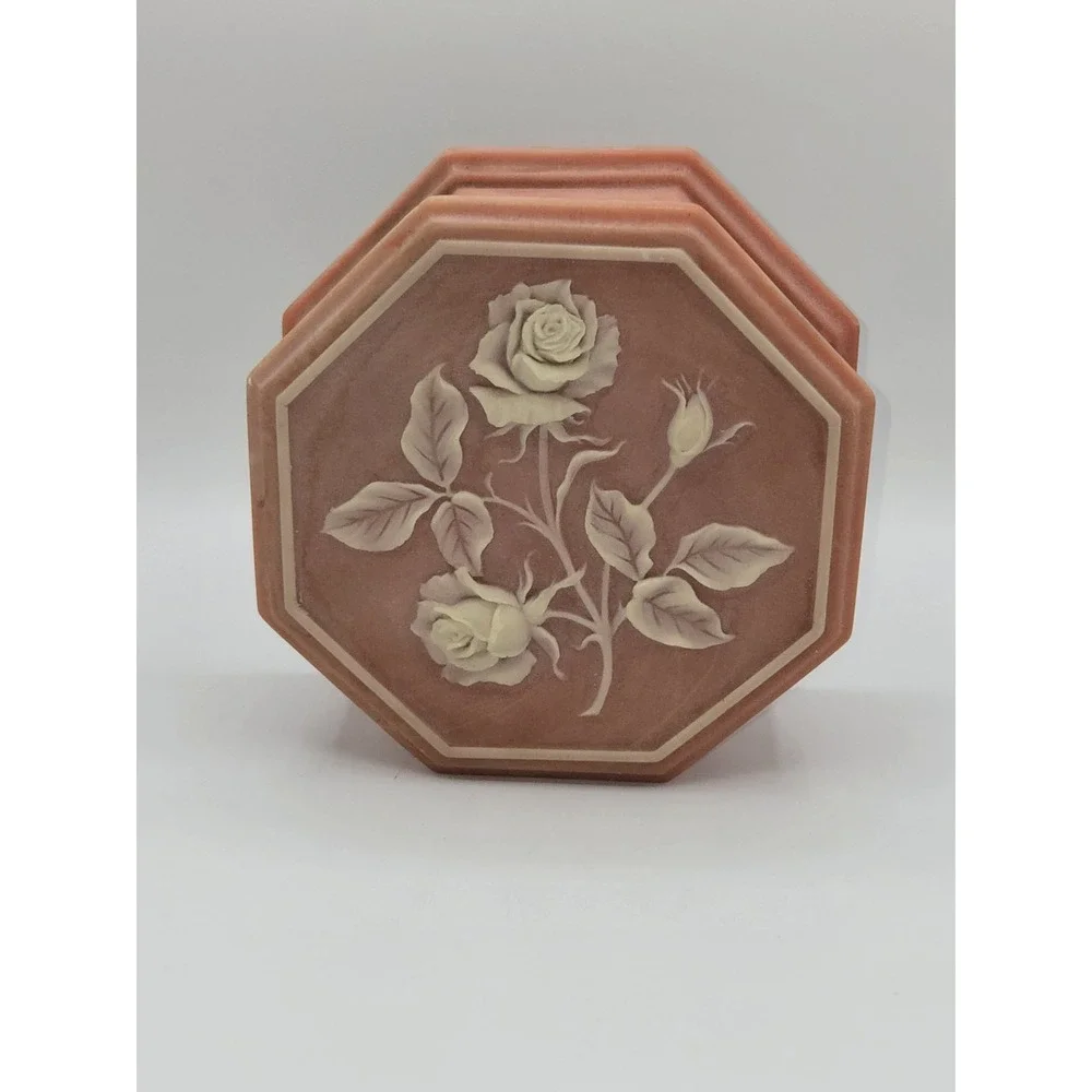 Vintage Soapstone Rose Music Box Octagon Jewelry Trinket Box 1974